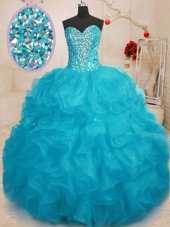 Hot Selling Coral Red Sweet 16 Dress Military Ball and Sweet 16 and Quinceanera and For with Beading and Ruffles Sweetheart Sleeveless Lace Up