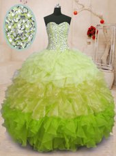 Green Tulle and Sequined Lace Up 15th Birthday Dress Sleeveless Floor Length Beading