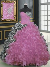 Brush Train Ball Gowns Sweet 16 Dress Rose Pink Sweetheart Organza and Printed Sleeveless With Train Lace Up
