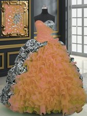 Discount With Train Orange 15th Birthday Dress Organza and Printed Brush Train Sleeveless Beading and Ruffles and Pattern