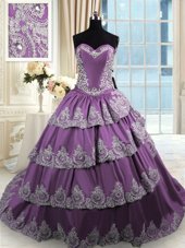 Traditional With Train Lace Up Quinceanera Gowns Olive Green and In for Military Ball and Sweet 16 and Quinceanera with Beading and Appliques and Ruffled Layers Court Train
