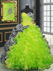 Customized Printed Sleeveless Brush Train Beading and Ruffles and Pattern Lace Up 15 Quinceanera Dress