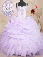 Lavender Sleeveless Beading and Ruffles and Pick Ups Floor Length Quinceanera Dresses