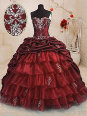 Exceptional Pick Ups Ruffled Wine Red Sleeveless Organza and Taffeta Sweep Train Lace Up Vestidos de Quinceanera for Military Ball and Sweet 16 and Quinceanera