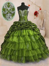 Perfect Olive Green Sleeveless With Train Beading and Appliques and Ruffled Layers and Pick Ups Lace Up Quinceanera Dress