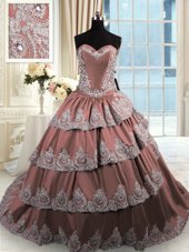 Sleeveless Court Train Beading and Appliques and Ruffled Layers Lace Up Quinceanera Dress