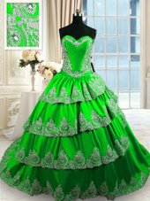 Shining Fuchsia Lace Up Sweetheart Beading and Appliques and Embroidery and Ruffled Layers Vestidos de Quinceanera Taffeta Sleeveless Court Train