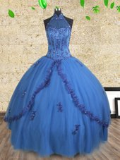 Halter Top Sleeveless 15 Quinceanera Dress Floor Length Beading Blue Tulle