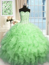 Apple Green Sleeveless Floor Length Beading and Ruffles Lace Up Quinceanera Dresses