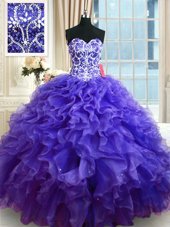 Baby Blue Ball Gowns Organza V-neck Sleeveless Beading and Ruffles Floor Length Zipper Quince Ball Gowns