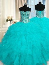 Clearance Turquoise Sweetheart Neckline Beading and Ruffles Quinceanera Dress Sleeveless Lace Up