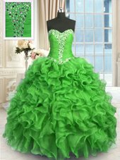 Green Sweetheart Neckline Beading and Ruffles Ball Gown Prom Dress Sleeveless Lace Up
