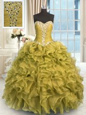 Spectacular Brown Sweetheart Lace Up Beading and Ruffles Quince Ball Gowns Sleeveless