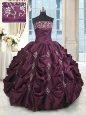 Beautiful Beading and Appliques and Embroidery and Pick Ups 15th Birthday Dress Burgundy Lace Up Sleeveless Floor Length