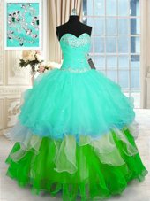 Beading and Embroidery and Pick Ups Quinceanera Dress Dark Green Zipper Sleeveless Floor Length