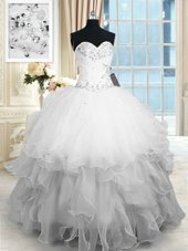 Chic Sleeveless Organza Floor Length Lace Up Sweet 16 Dress in White for with Beading and Ruffles
