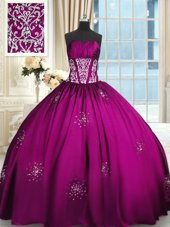 Fine Sleeveless Floor Length Beading and Appliques and Ruching Lace Up 15 Quinceanera Dress with Fuchsia
