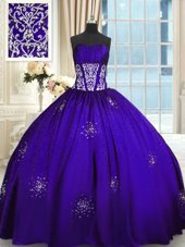 Taffeta Sleeveless Floor Length Sweet 16 Quinceanera Dress and Beading and Appliques and Ruching