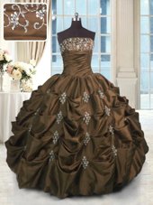 Beading and Appliques and Embroidery and Pick Ups Quince Ball Gowns Chocolate Lace Up Sleeveless Floor Length