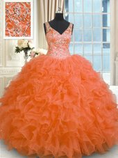 Perfect Orange Red V-neck Zipper Beading and Ruffles Quinceanera Gown Sleeveless