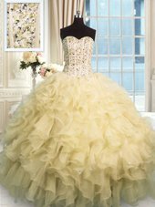 Affordable Champagne Ball Gowns Organza Sweetheart Sleeveless Beading and Ruffles Floor Length Lace Up Quinceanera Dresses