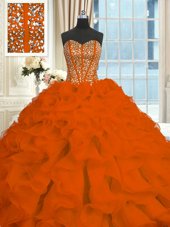 High Class With Train Lace Up Sweet 16 Quinceanera Dress Red and In for Military Ball and Sweet 16 and Quinceanera with Beading and Ruffles Brush Train