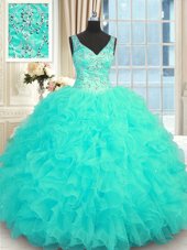 Aqua Blue Ball Gowns Organza V-neck Sleeveless Beading and Ruffles Floor Length Zipper Quinceanera Dresses