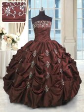 Glittering Burgundy Strapless Neckline Beading and Appliques and Embroidery and Pick Ups Quinceanera Dresses Sleeveless Lace Up