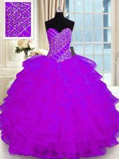 Comfortable Ruffled Sweetheart Sleeveless Lace Up Sweet 16 Dress Purple Organza