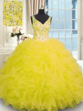 Customized Floor Length Zipper Quinceanera Gown Yellow and In for Military Ball and Sweet 16 and Quinceanera with Beading and Ruffles