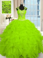 Cheap Rust Red Ball Gowns Beading and Ruffles Sweet 16 Dress Lace Up Organza Sleeveless Floor Length