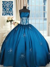 Super Blue and Teal Ball Gowns Beading and Appliques and Ruching Quinceanera Dress Lace Up Taffeta Sleeveless Floor Length