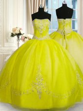 Romantic Yellow Green Lace Up Strapless Beading and Embroidery Sweet 16 Dresses Organza Sleeveless