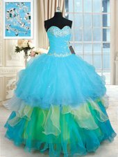 Floor Length Lace Up Quinceanera Dress Baby Blue and In for Military Ball and Sweet 16 and Quinceanera with Beading and Ruffles
