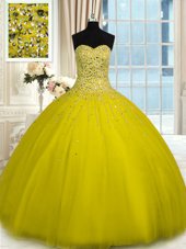 Fine Olive Green Sleeveless Floor Length Beading Lace Up Ball Gown Prom Dress