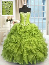 Yellow Green Ball Gowns Beading and Ruffles Quinceanera Gown Lace Up Organza Sleeveless Floor Length