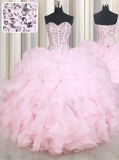 Baby Pink Organza Lace Up Sweetheart Sleeveless Floor Length 15th Birthday Dress Beading and Ruffles