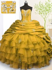 Superior Sleeveless Brush Train Lace Up With Train Beading and Appliques and Ruffled Layers and Pick Ups Quinceanera Dresses