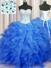 High End Floor Length Lace Up Quinceanera Gown Blue and In for Military Ball and Sweet 16 and Quinceanera with Beading and Ruffles