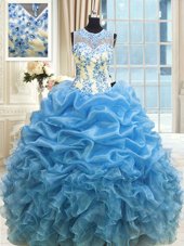 New Arrival Baby Blue Ball Gowns Scoop Sleeveless Organza Floor Length Zipper Beading and Ruffles Ball Gown Prom Dress