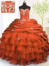 Hot Selling Orange Red Sweet 16 Dress Military Ball and Sweet 16 and Quinceanera and For with Beading and Appliques and Ruffled Layers and Pick Ups Strapless Sleeveless Brush Train Lace Up
