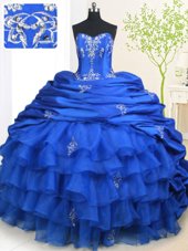 Wonderful Royal Blue Lace Up Quinceanera Gowns Beading and Appliques and Ruffled Layers and Pick Ups Sleeveless With Brush Train