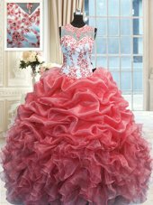 Most Popular Scoop Floor Length Ball Gowns Sleeveless Watermelon Red Quinceanera Dress Zipper
