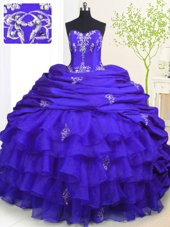 Graceful With Train Lace Up 15 Quinceanera Dress Royal Blue and In for Military Ball and Sweet 16 and Quinceanera with Beading and Appliques and Ruffled Layers and Pick Ups Brush Train