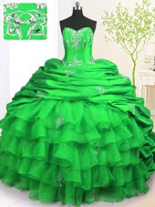 High End Pick Ups Ruffled With Train Ball Gowns Sleeveless Green Quinceanera Dress Brush Train Lace Up