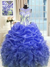 Scoop Blue Sleeveless Floor Length Beading and Ruffles Zipper Quinceanera Gown