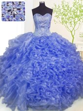 Deluxe Floor Length Blue Sweet 16 Dress Organza Sleeveless Beading and Ruffles and Pick Ups