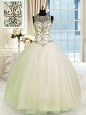 Floor Length Champagne Sweet 16 Quinceanera Dress Scoop Sleeveless Lace Up
