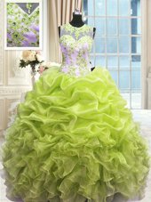 Designer Scoop Yellow Green Organza Zipper Quinceanera Gown Sleeveless Floor Length Beading and Ruffles