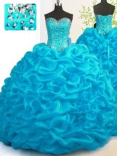 Custom Made Aqua Blue Lace Up Quince Ball Gowns Beading and Ruffles Sleeveless With Brush Train